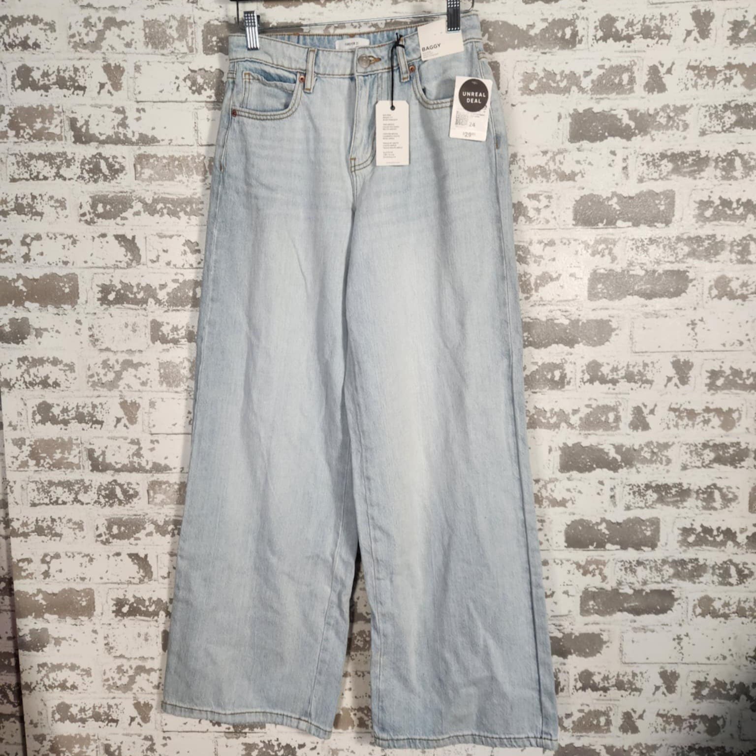 Forever 21 Jeans Baggy Wide Leg Womens 24 Mid Rise Light Wash Denim Streetwear