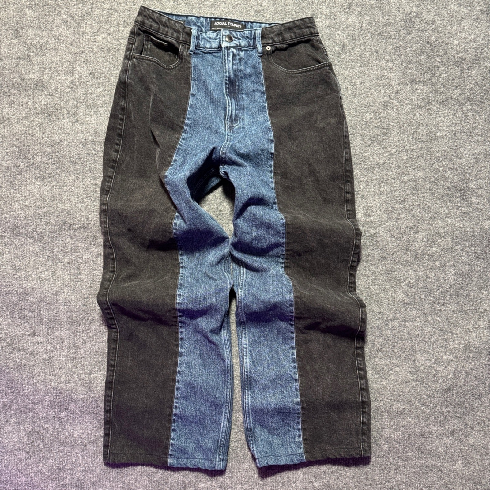 Y2K Social Tourist Colorblock Jeans Baggy Patchwork Ultra High Rise W30 Denim