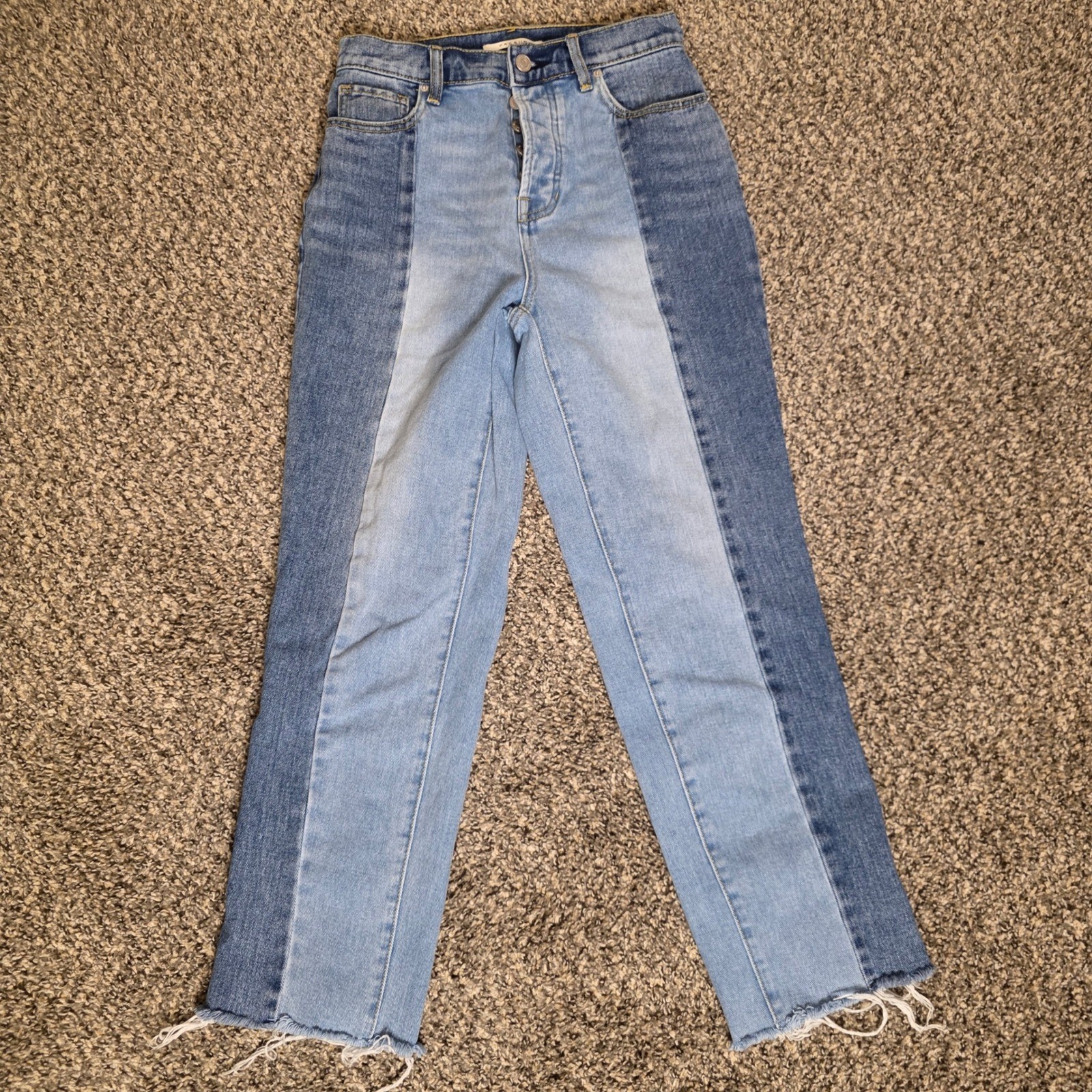 PacSun High Rise Straight Two Tone Patchwork Jeans Blue Raw Hem Size 25