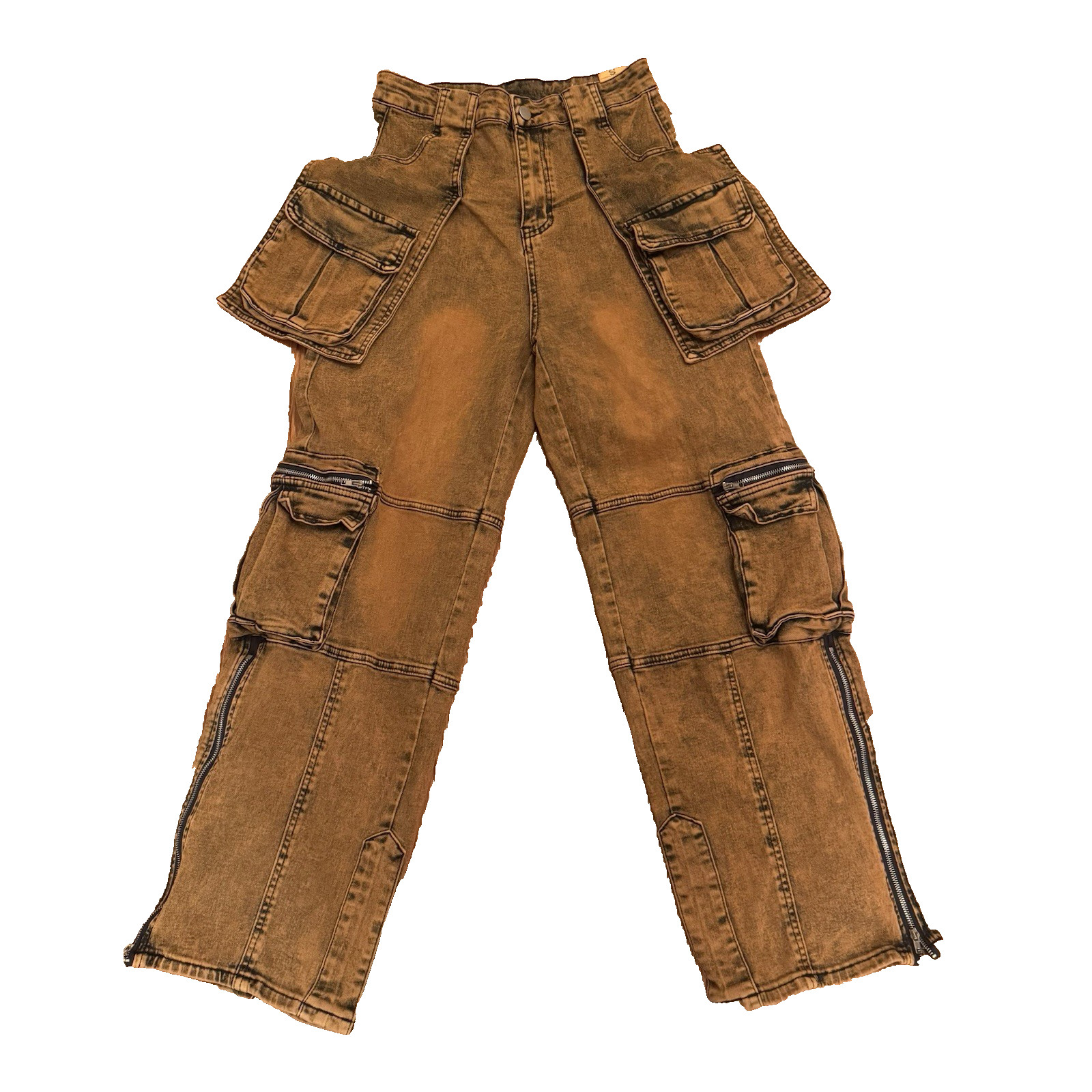 Streetwear Women's Small Denim Brown Acid Wash Jeans Cargo Pants Utility Y2K