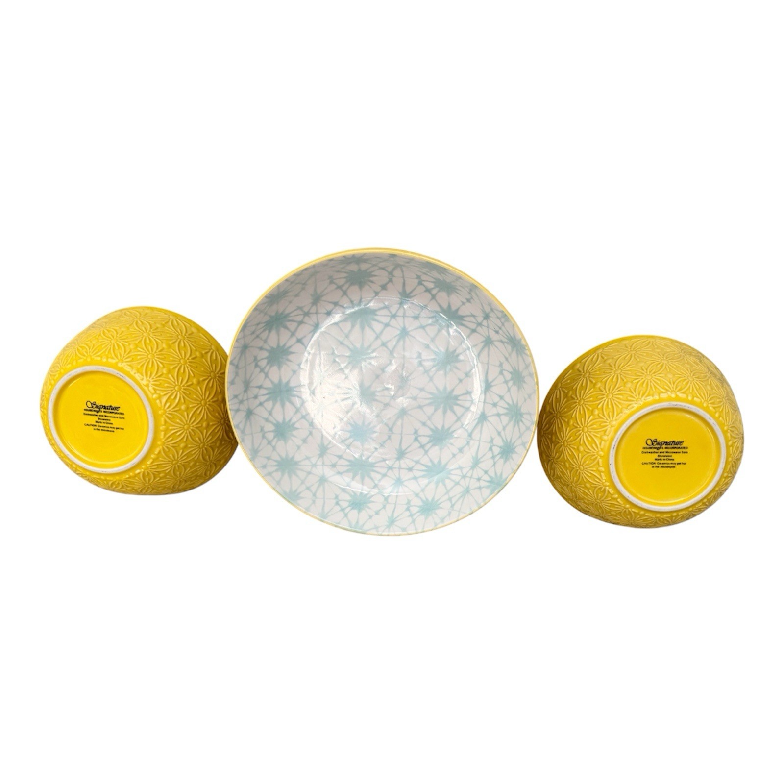 SIGNATURE Brand Embossed Yellow Teal Interior Design Ceramic Bowls (3 in Set)
