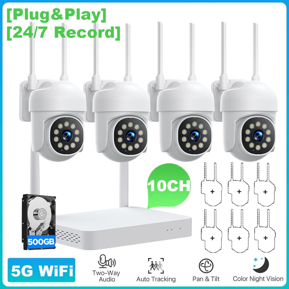 Home Security Camera System 360° PTZ Wireless CCTV 2 Way Audio Outdoor 10CH NVR