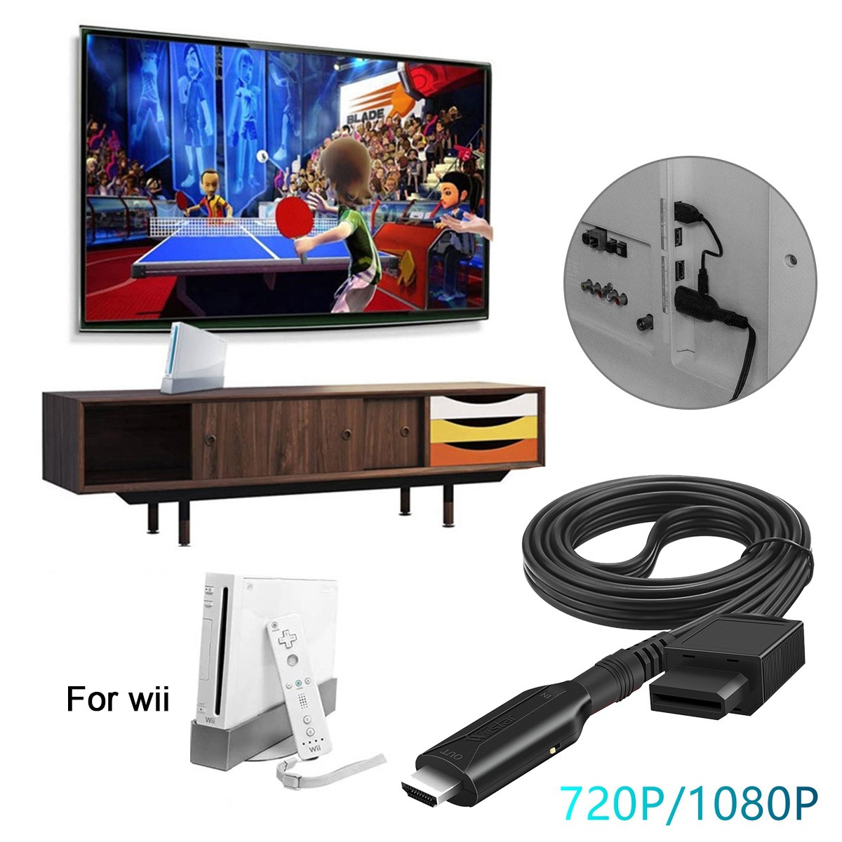Wii to HDMI Cable One Line Direct Connect 480p 720P 1080P Support Audio Video