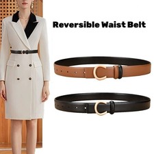 Real Leather Waist Belt Gold Alloy Buckle Women Dresses Coats Belt Reversible