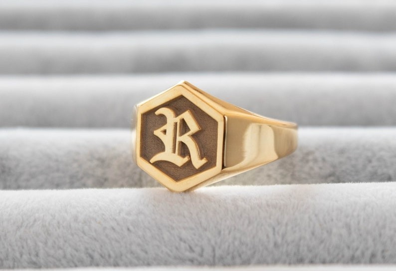Custom Initial Ring Gold Plated Gothic Hexagon Signet Personalized Gift