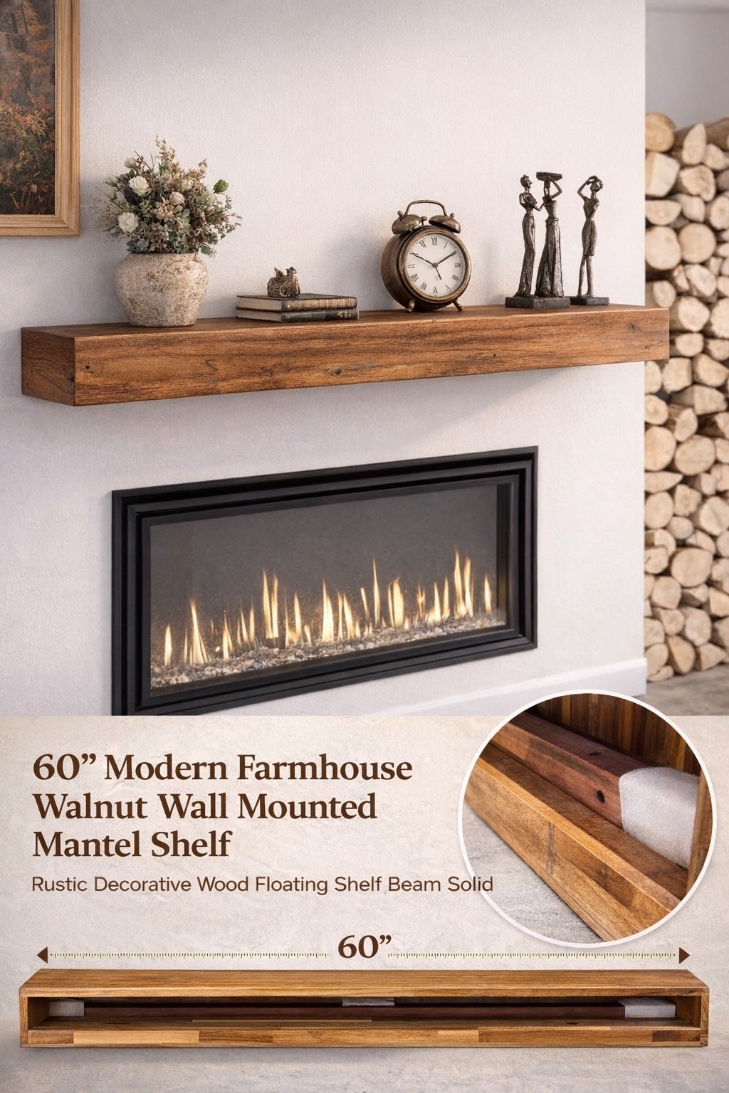 60” Modern Farmhouse Walnut Decorative Wood Shelf Mantel Beam Wall Mount Unbrand