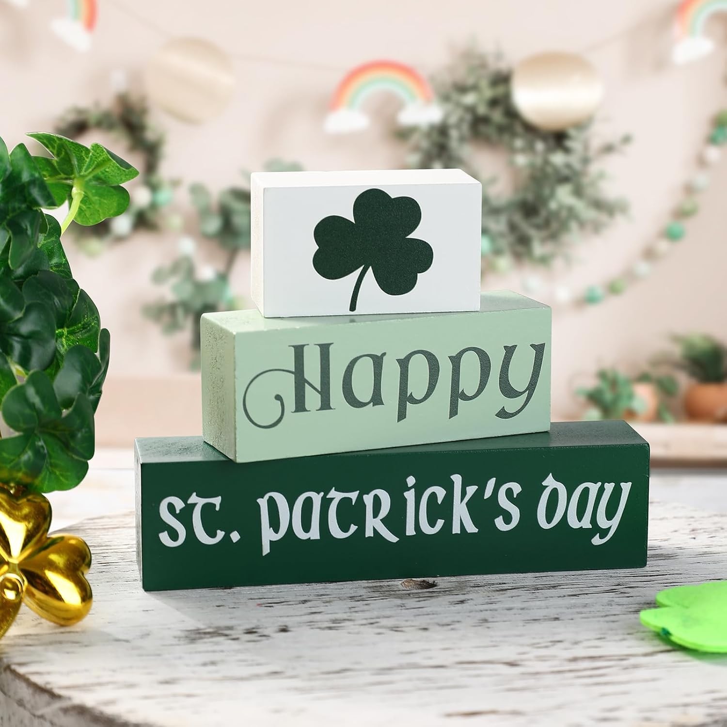 St Patricks Day Decorations-3 PCS Wooden Block Sign - Classic White Green St 