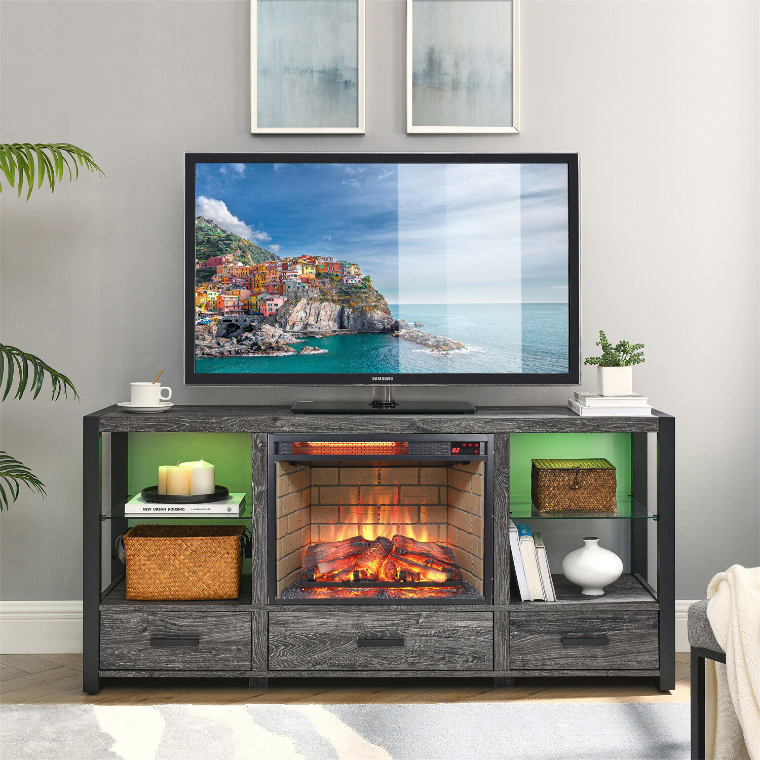 TV Stand Infrared Fireplace Touch Panel Home Decor Heater,Smokeless Firebox