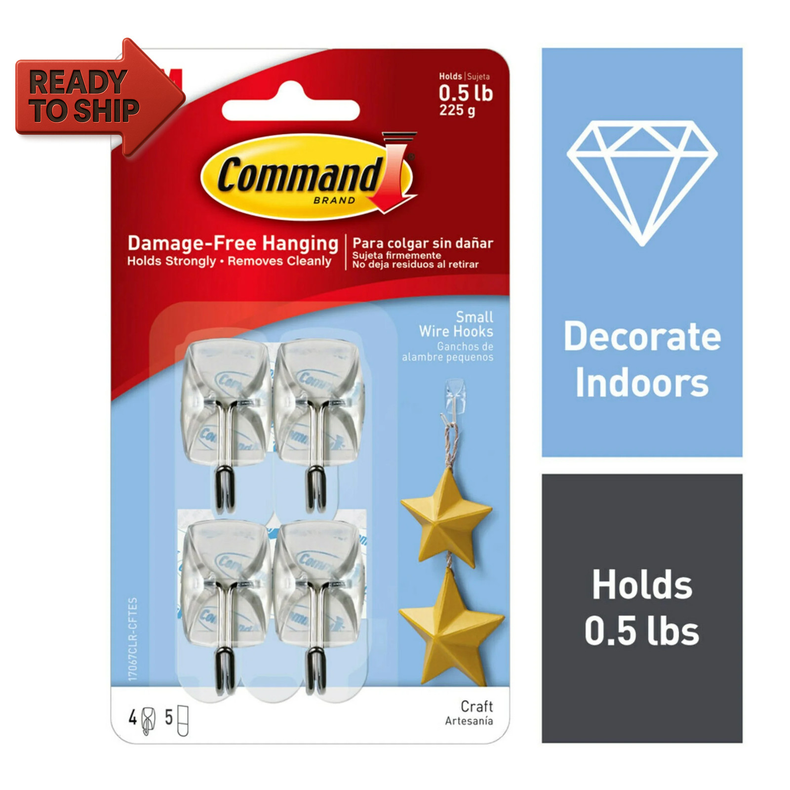 Small Wire Toggle Hooks, Clear, Damage Free Decorating, Four Hooks