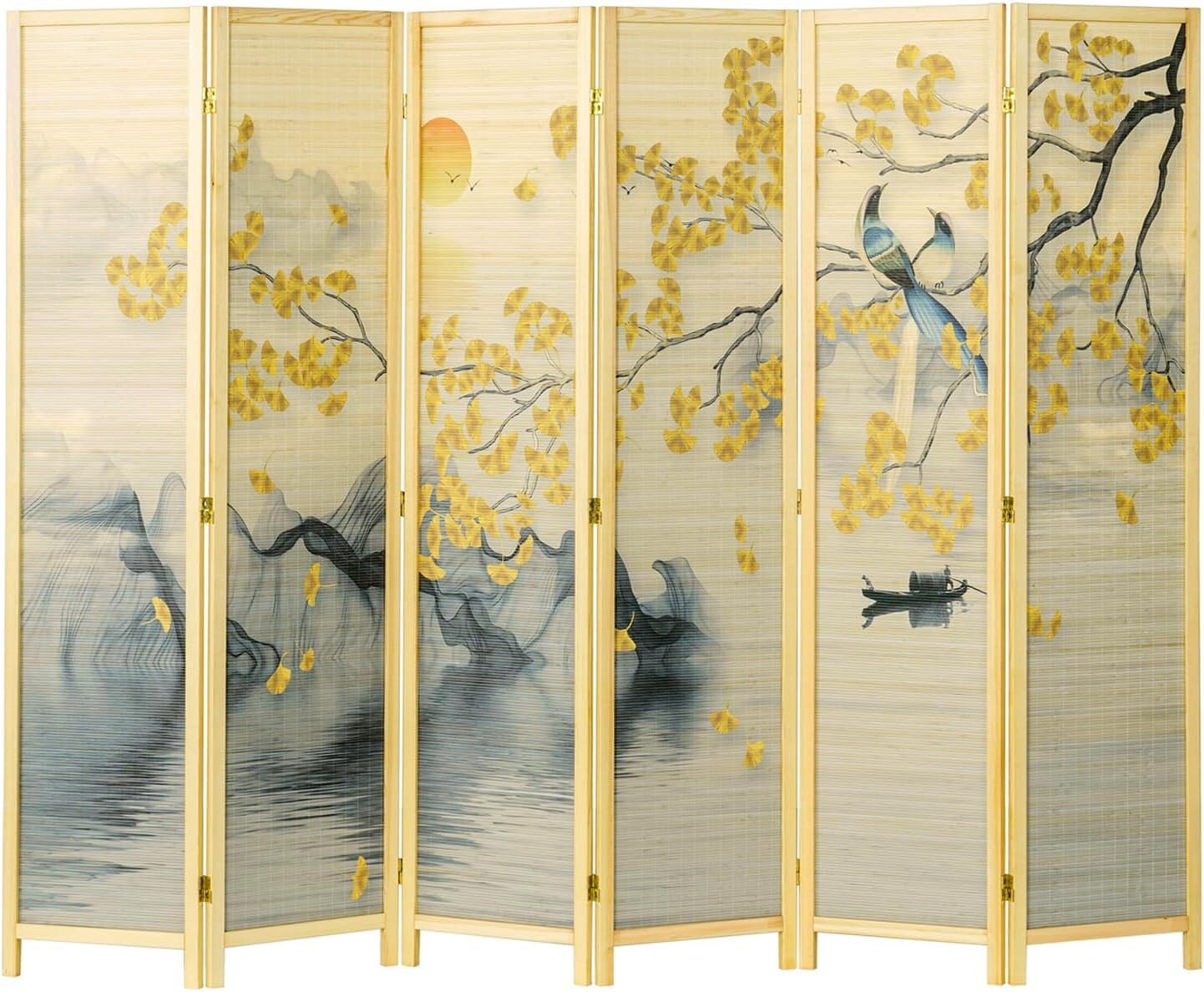 6 Panel Freestanding Beige Bamboo Room Divider, Folding Screen with Wood Frame