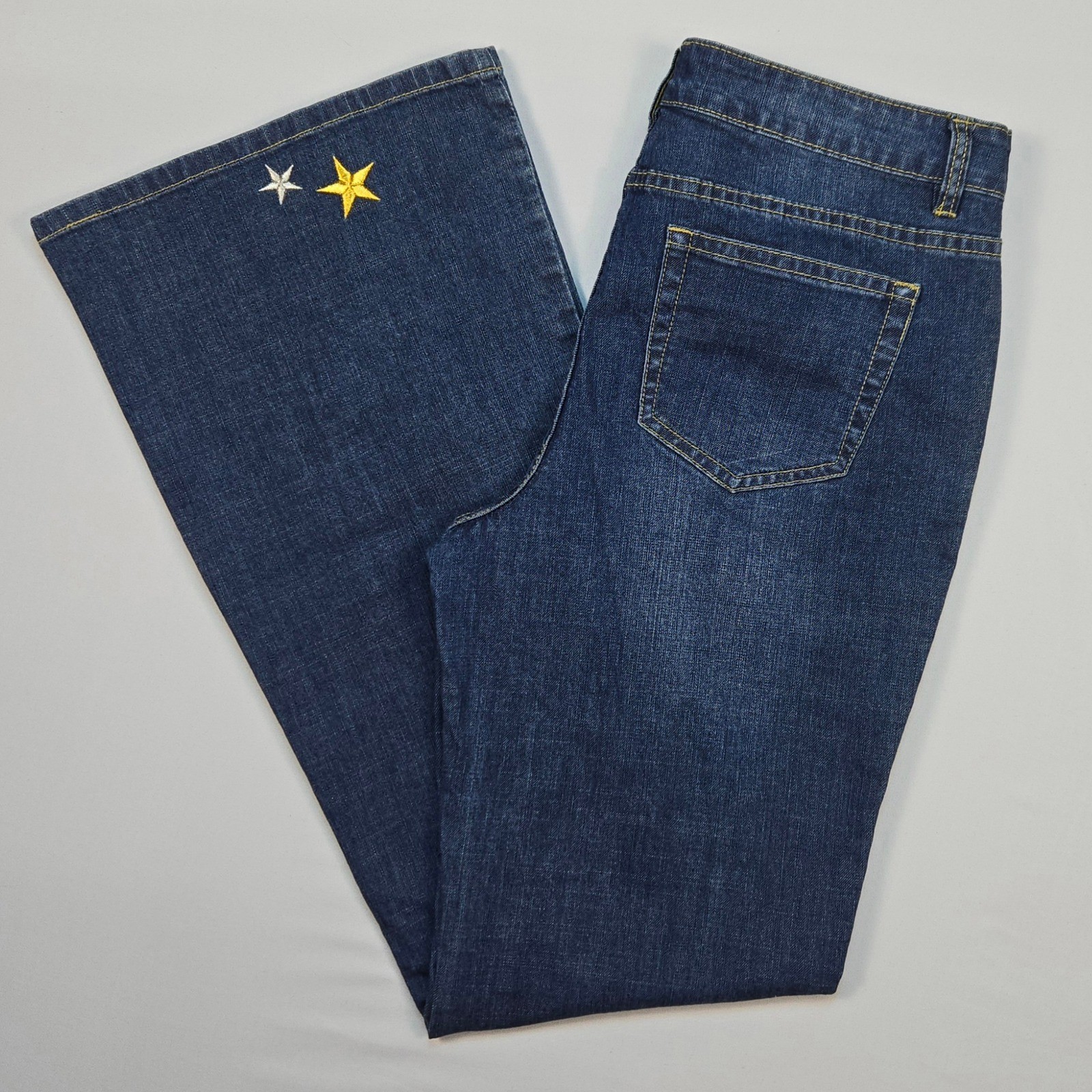 Juliette Embroidered Star Flare Jeans Women 10 Gold Silver Boho Retro Denim