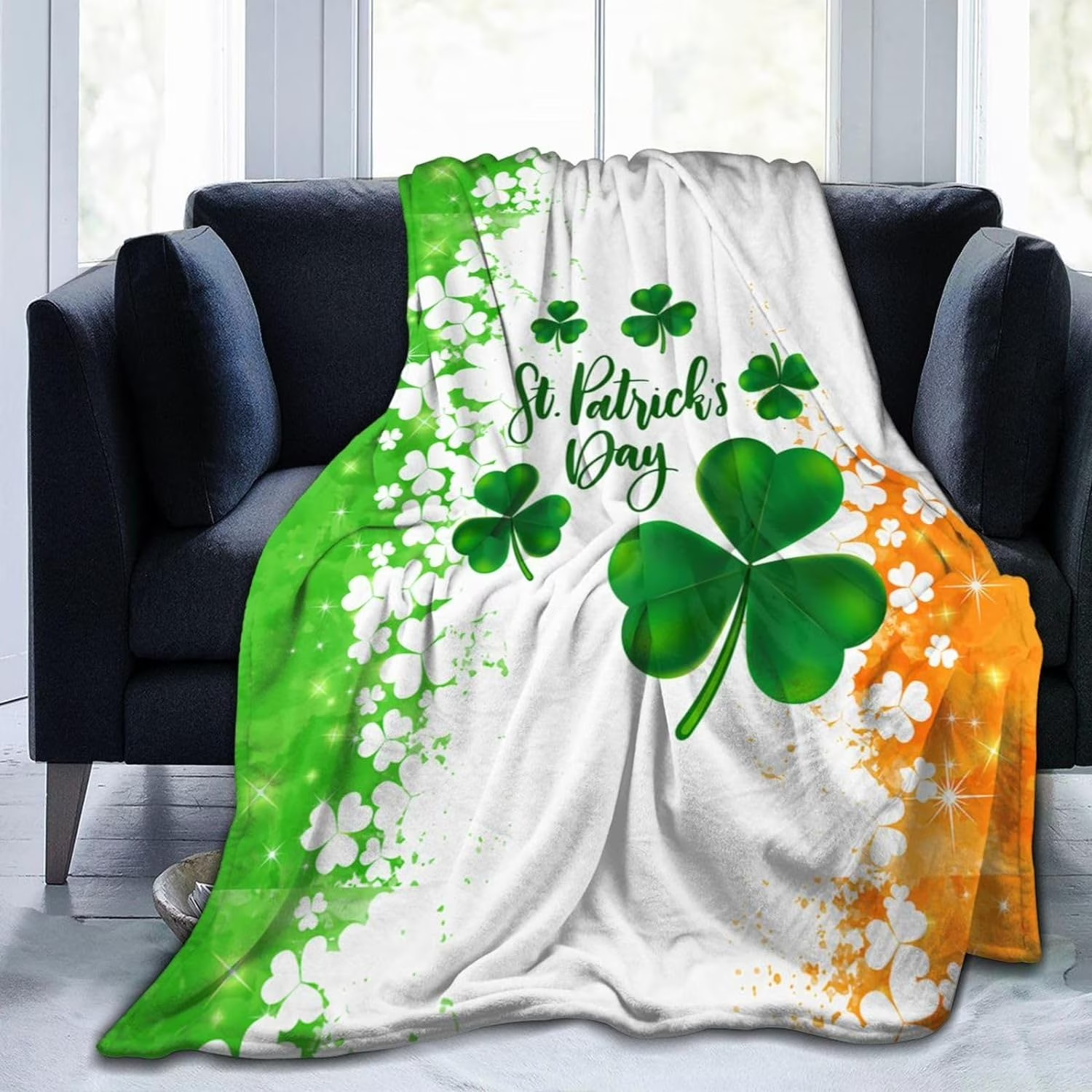 Lucky Clover Green Blanket US Sherpa Plush Soft Cozy Home Decor