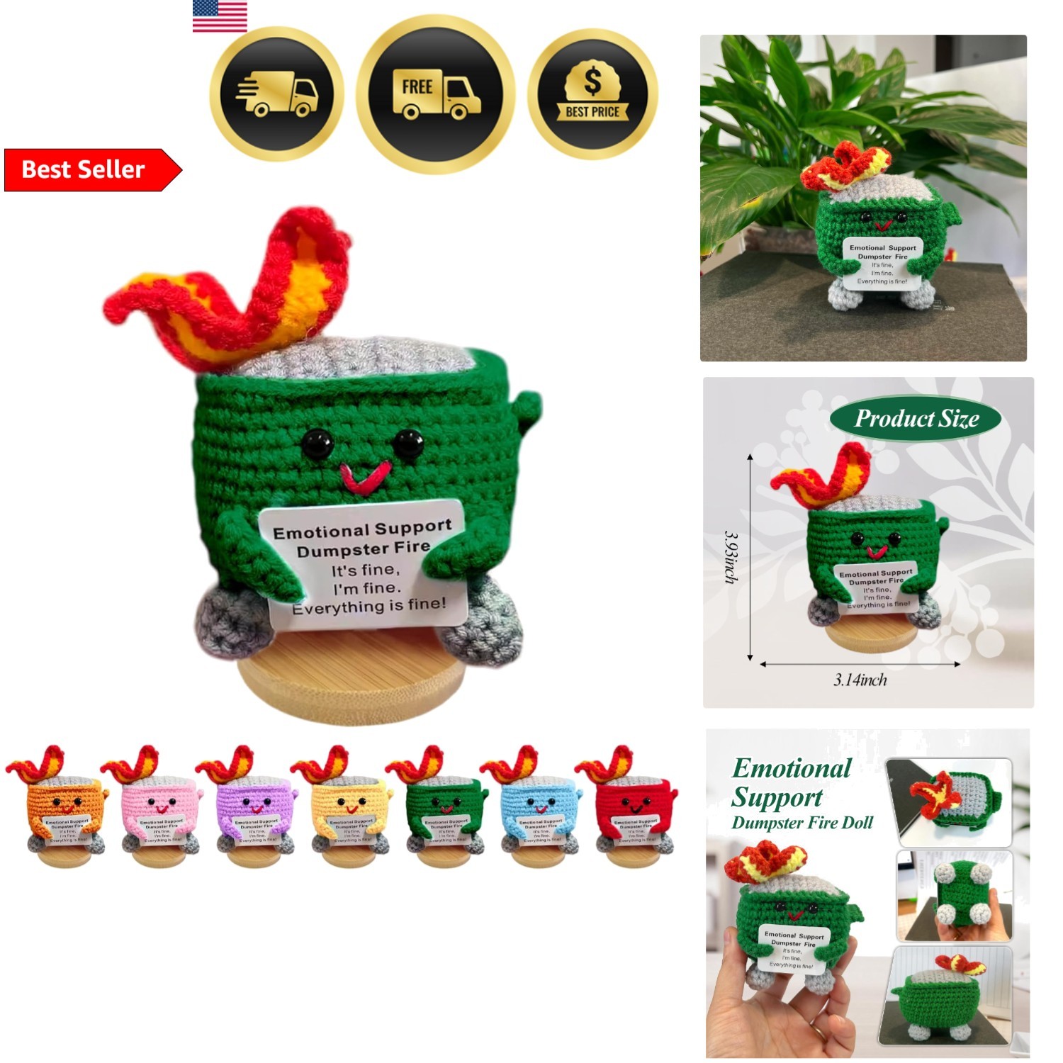 Crochet Dumpster Fire Doll Support Cute Gift Home Office Decor Green