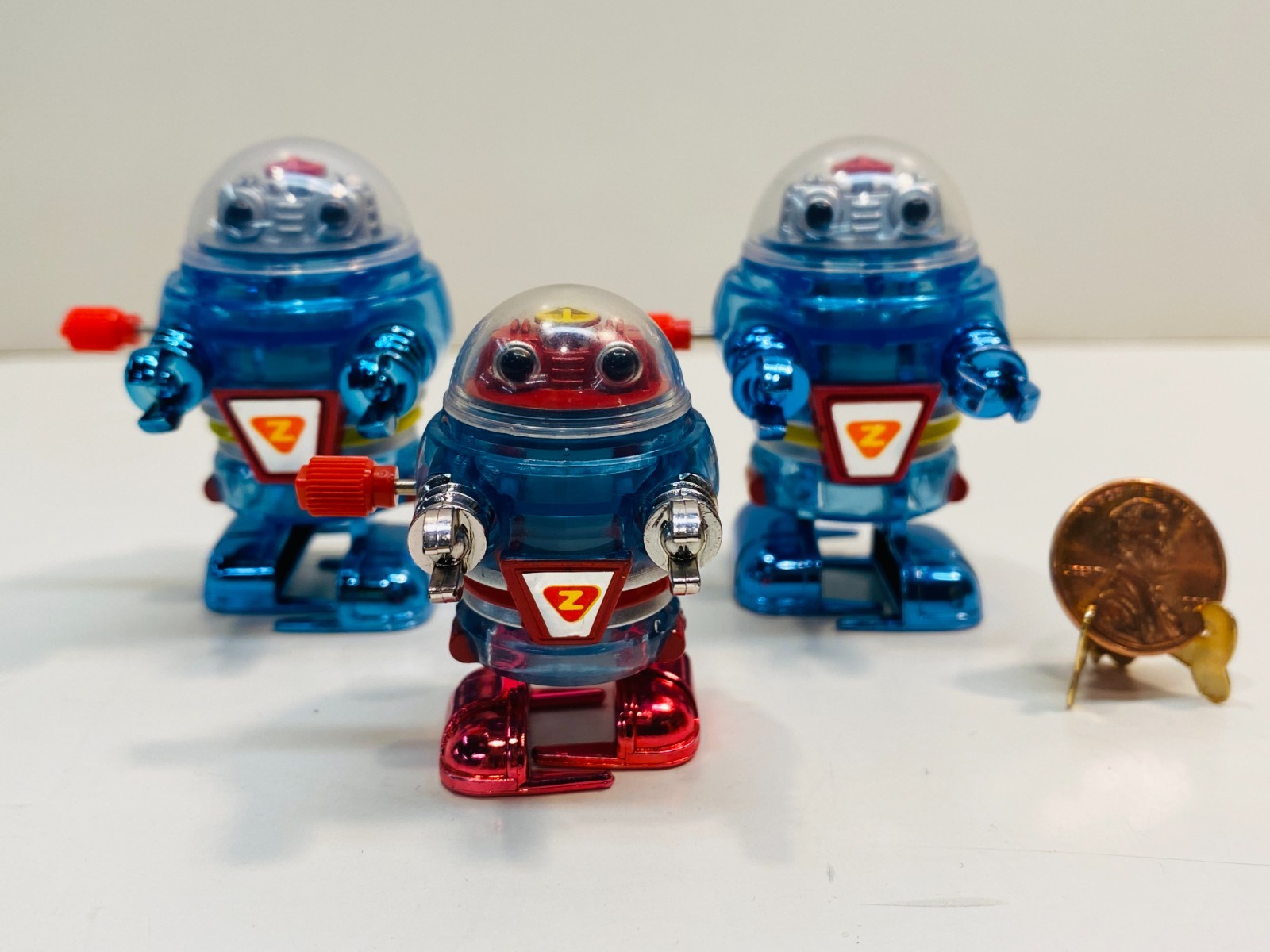 3 Tomy Wind-Up Walking Mini Robots- 2 Large - 1 Small - Tested - See Video