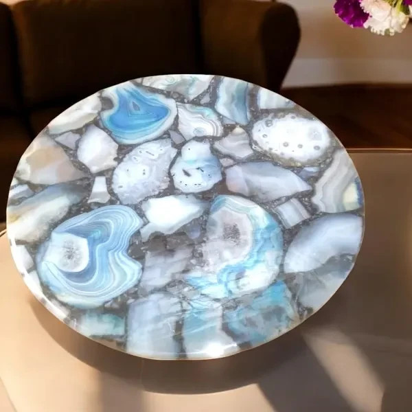 18" Round Blue Agate Stone Side Table Elegant Crystal Inlay Table Designer Decor