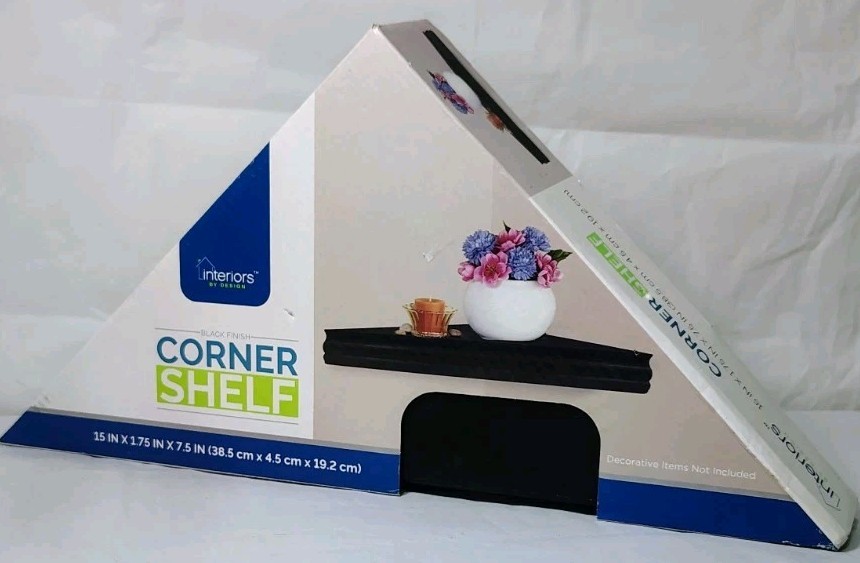 Interiors By Design Black Corner Shelves NIB 15in x 1.75in x 7.5in Plastic