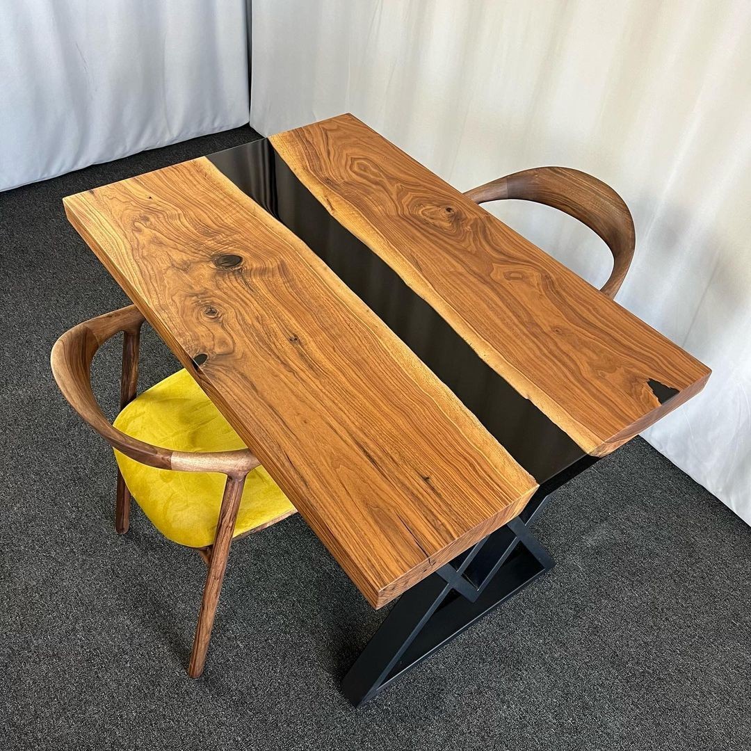 Live Edge Walnut Epoxy River Table | Ocean  Blue Resin   Handmade   Luxury Desk
