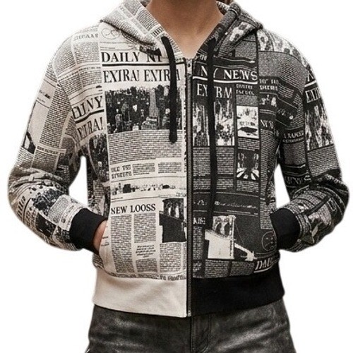 Social Scene Zip Up Hoodie Womens Medium Black White Newspaper Print Streetwear