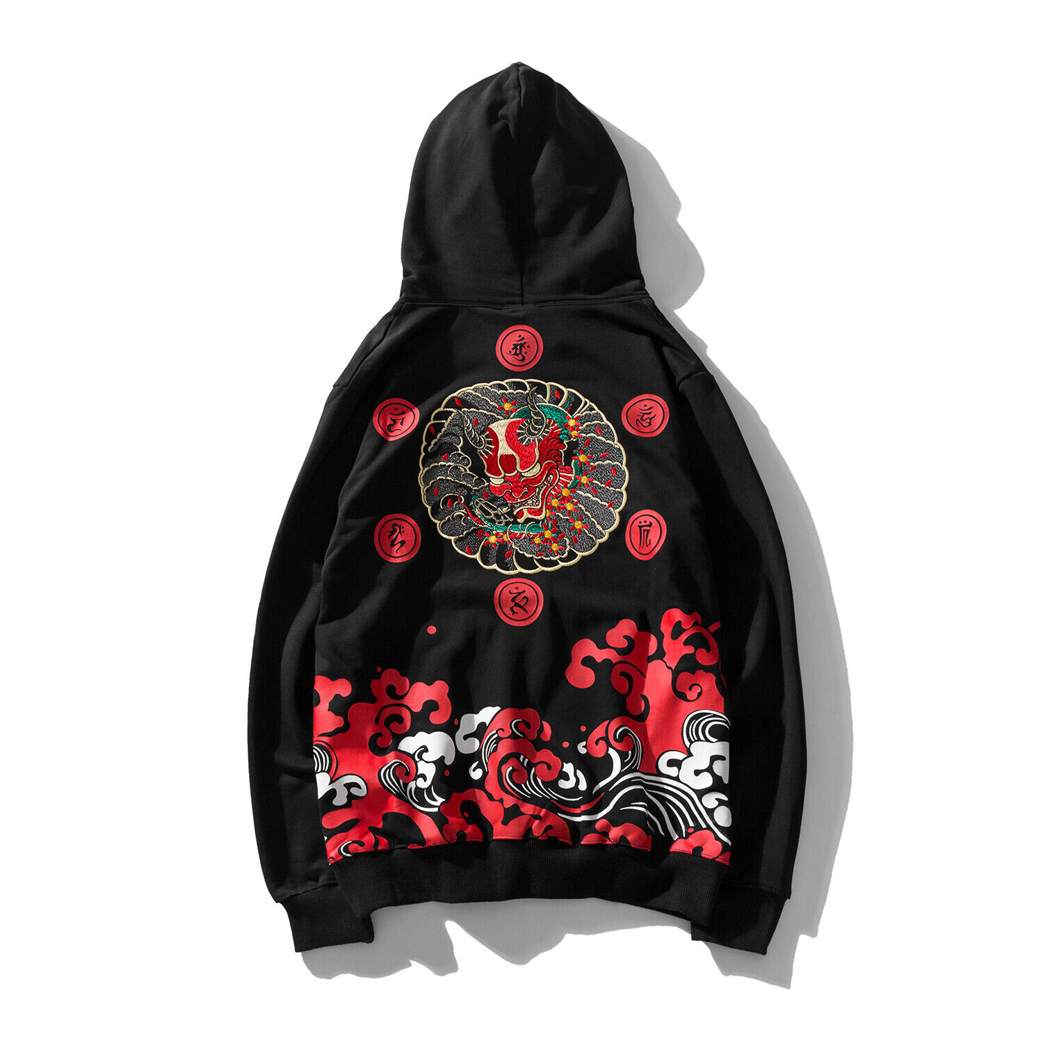 Niepce Streetwear Red Ghost Japanese Embroidered Graphic Hoodie Black Sweatshirt