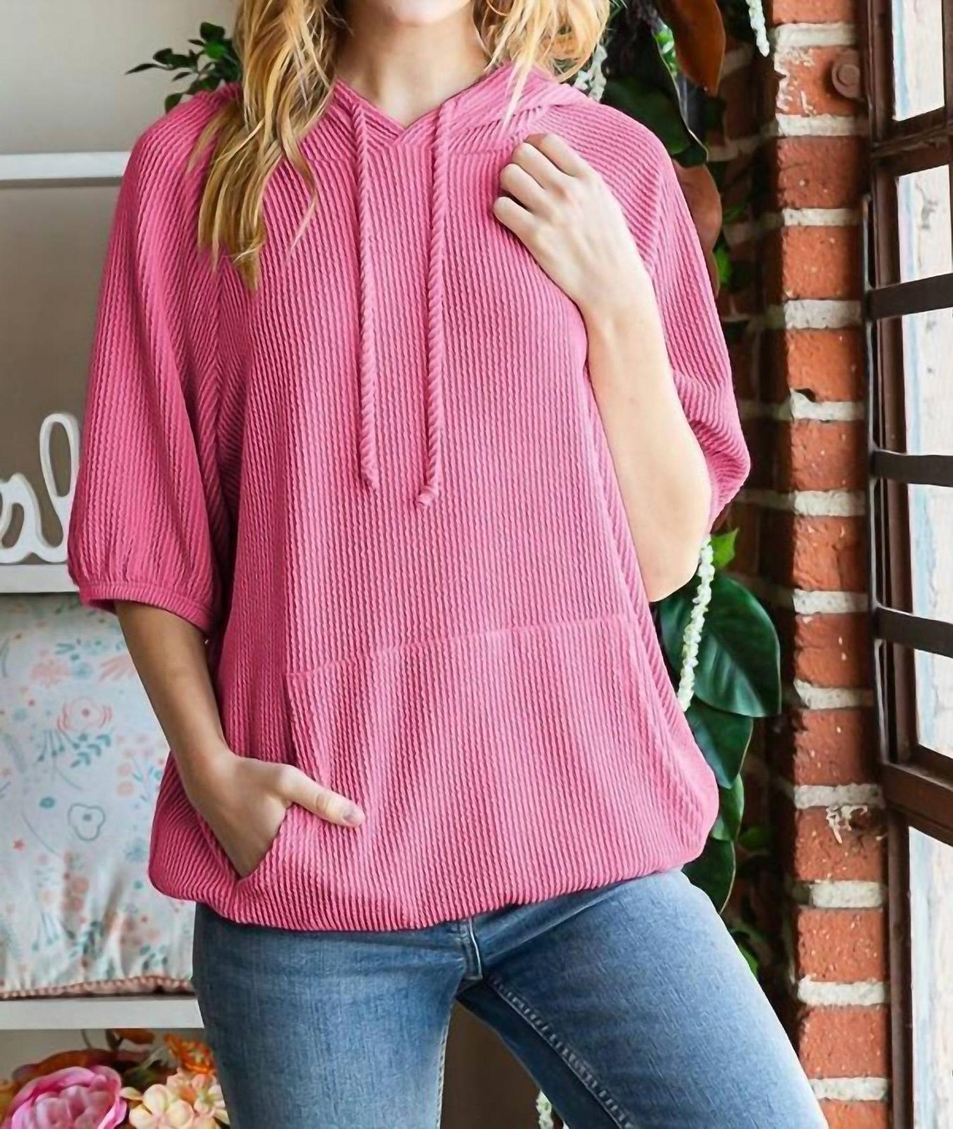Heimish Usa Elbow-Length Dolman Puff Sleeves Top Hot Pink
