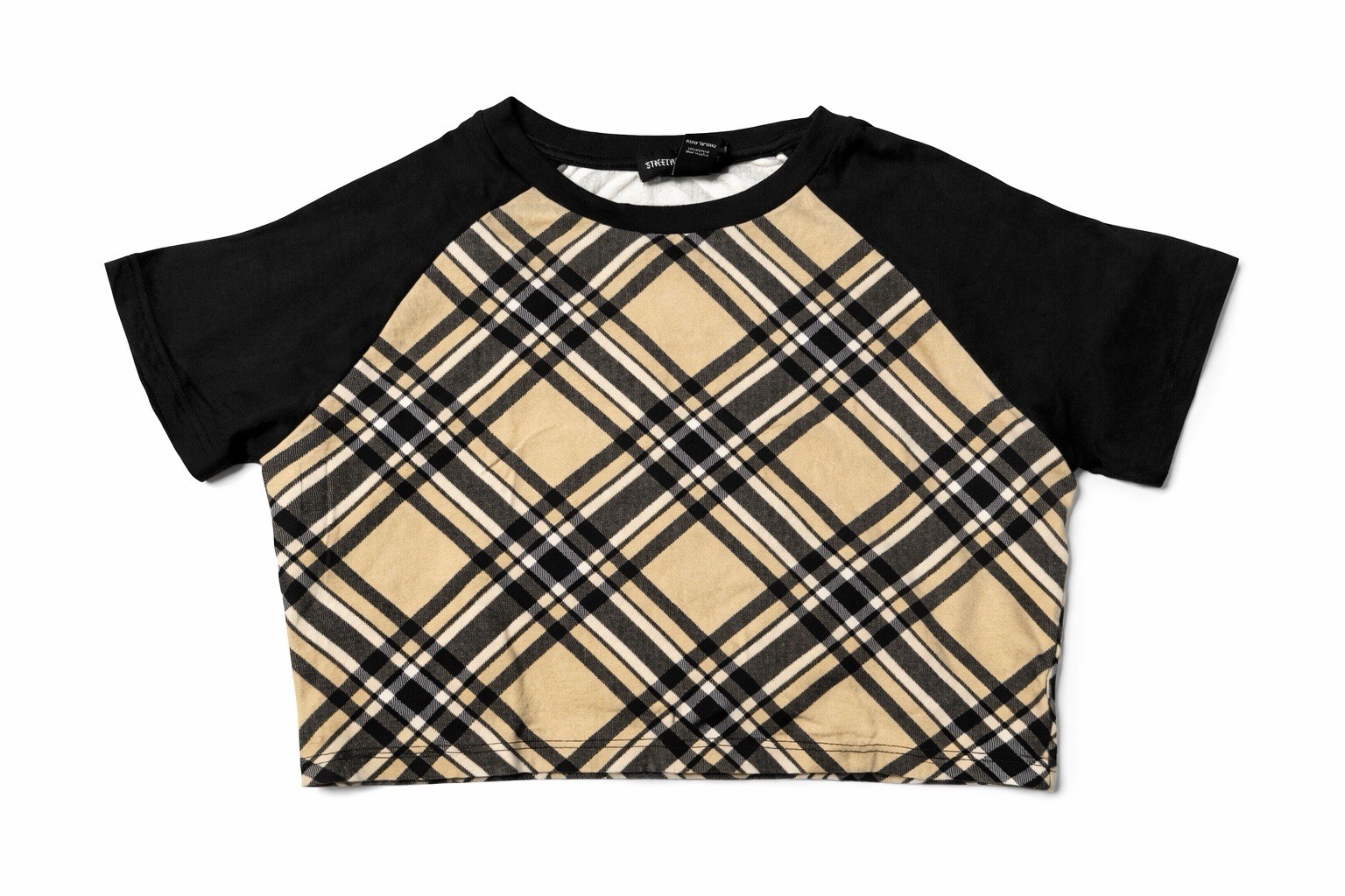 Street Wear Society Plaid Cropped Top Small Tan Black Raglan Short Sleeve NWT