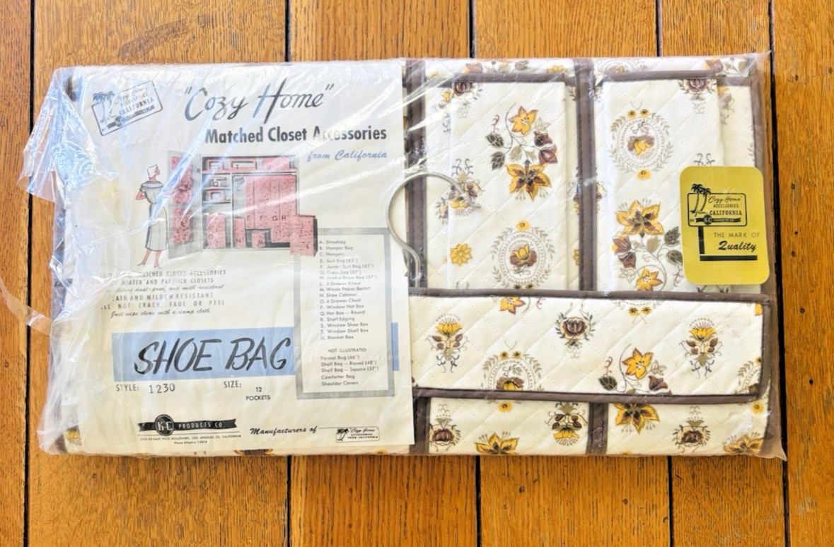 Vintage 1960s Shoe Organizer NOS Hanging Quilted Fabric "Cozy Home" California