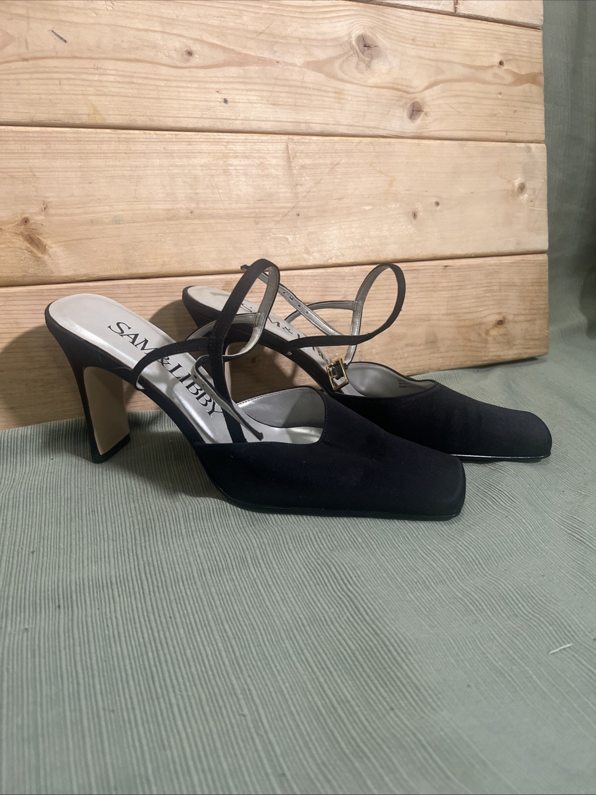 Sam And Libby Vintage 90s Black Suede Square Toe Evening Party Heel Size 6 Y2k