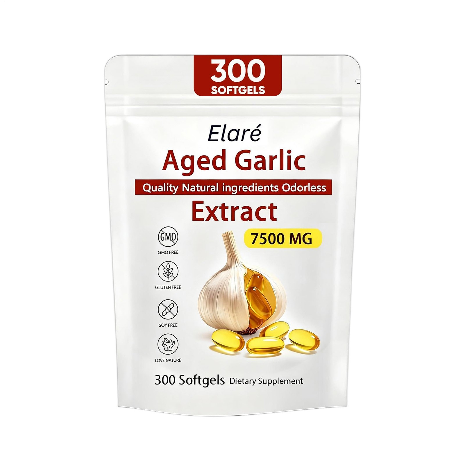 Elare Aged Garlic Extract, 300 Softgels, 7500mg Odorless | Heart & Immune pack 1
