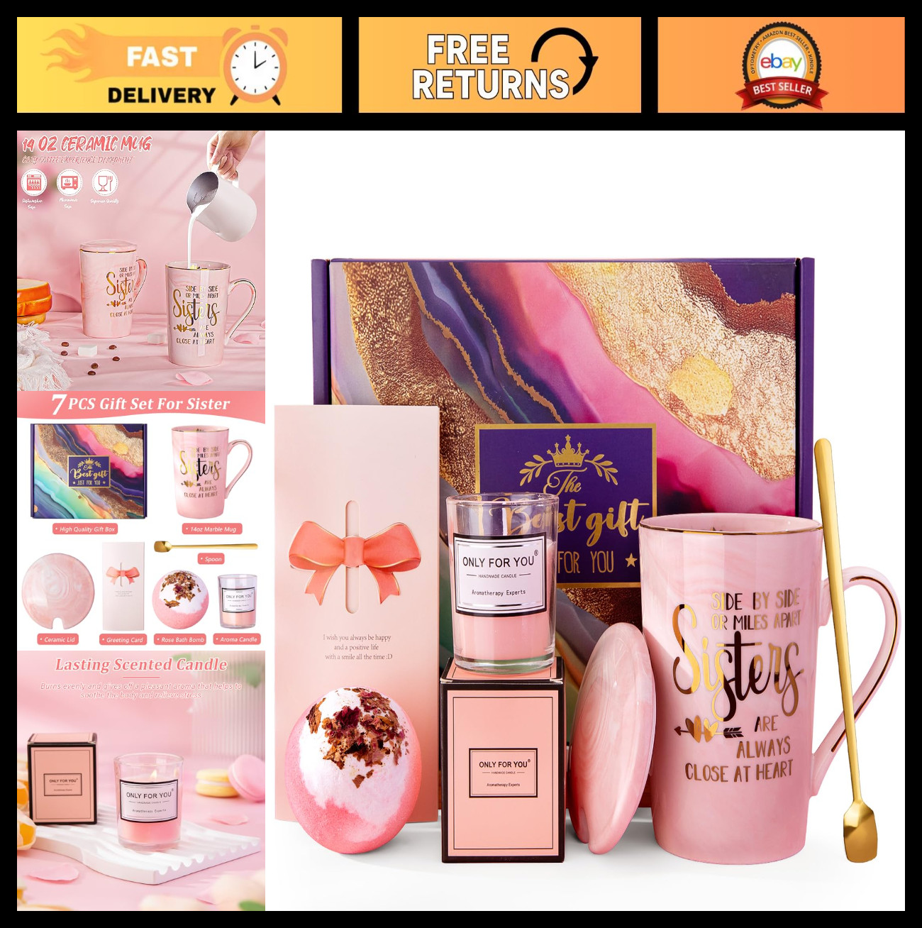 "7pcs Relaxing Bath Gift Set for Sister - Scented Candle, Funny Mug, Self Care B