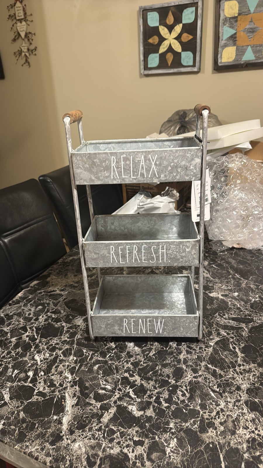 Rae Dunn 3 Tier Metal Caddy Organizer Relax Refresh Renew (wooden handle cracked