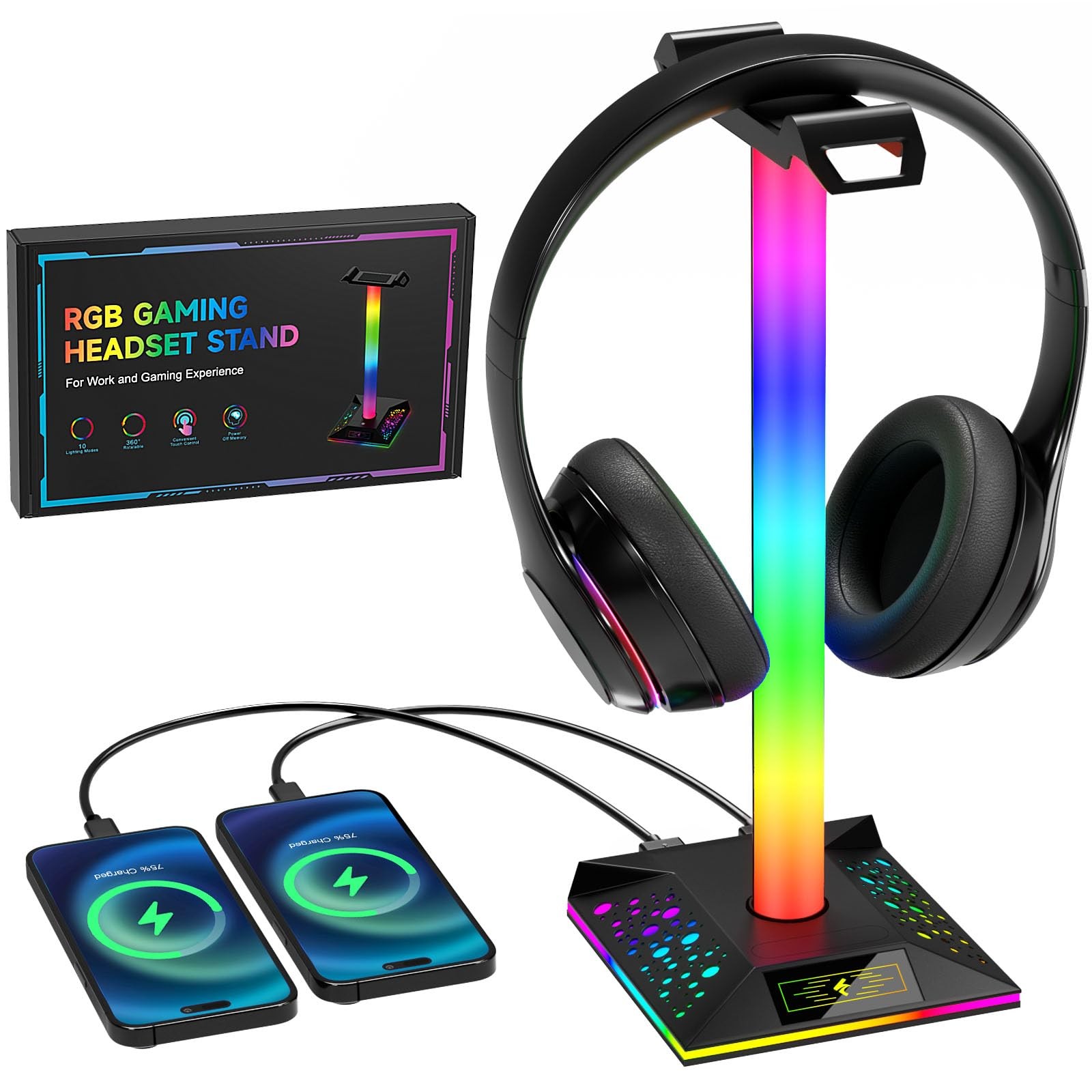 Headphone Stand Gaming Headset Holder RGB PC Gaming Accessories 2 USB Black