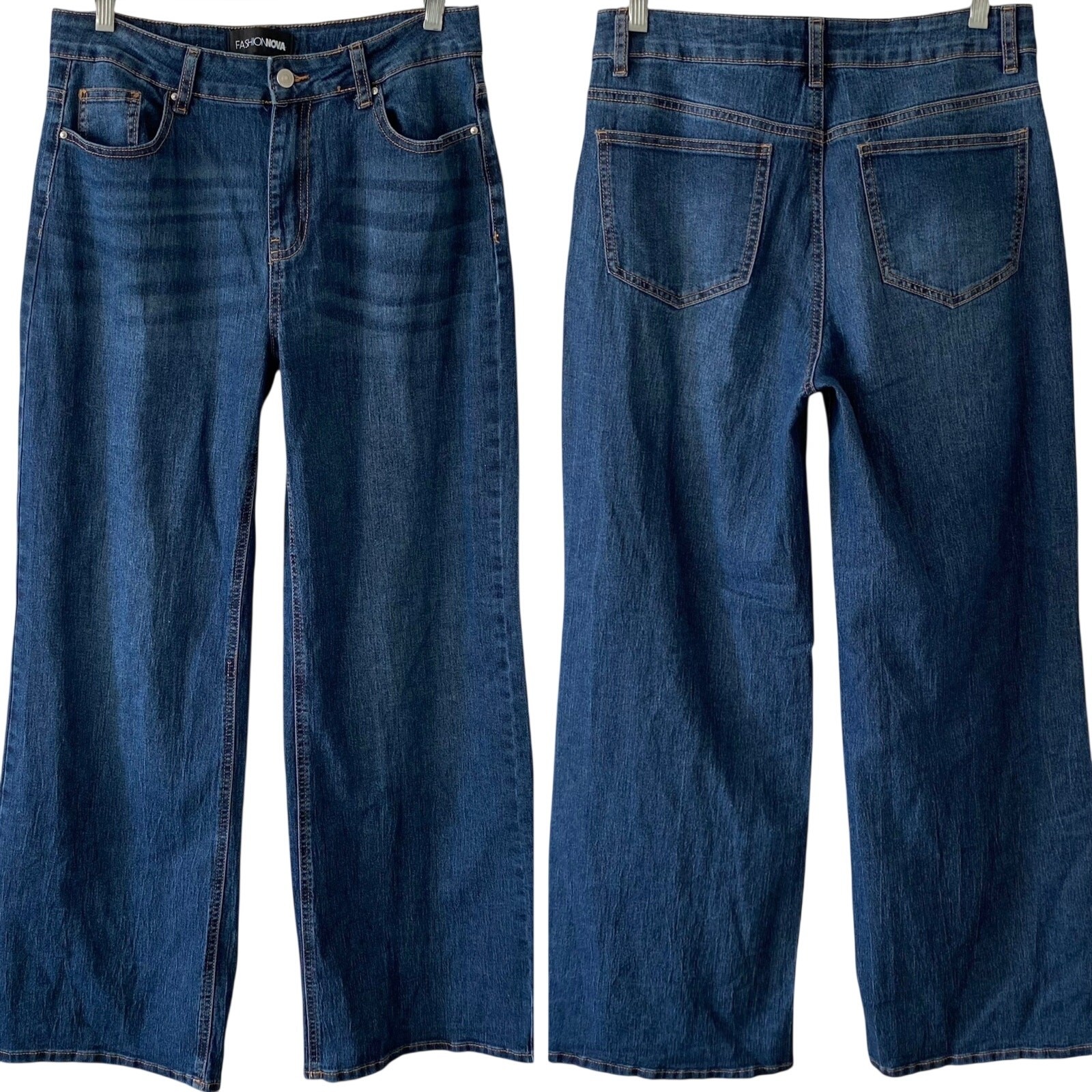 FASHION NOVA Wide Leg Jeans Size 11 Dark Blue Wash Denim Stretch Trendy Boho