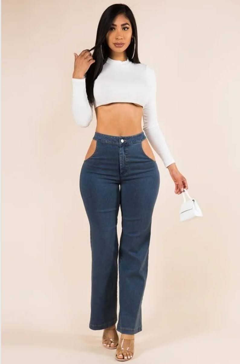Women’s High Waist Cut Out Denim Jeans Straight Leg Trendy Fashion Pants
