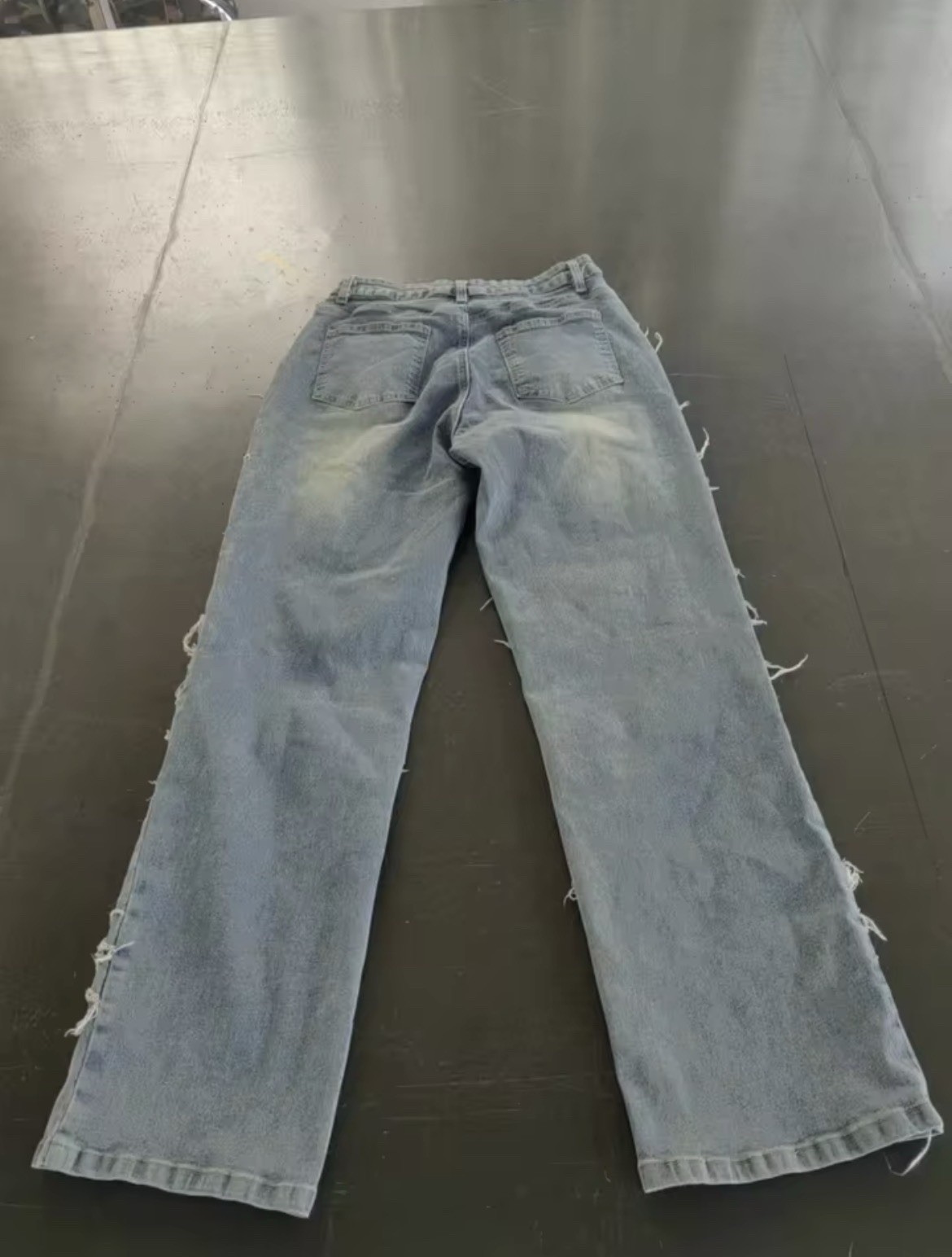 layered ripped washed straight fringe fashionable casual jeans, 