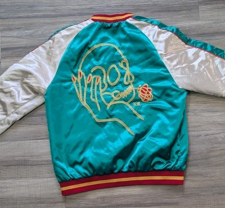 Urban Outfitters Satin Bomber Jacket Large Teal Embroidered Skeleton Rose