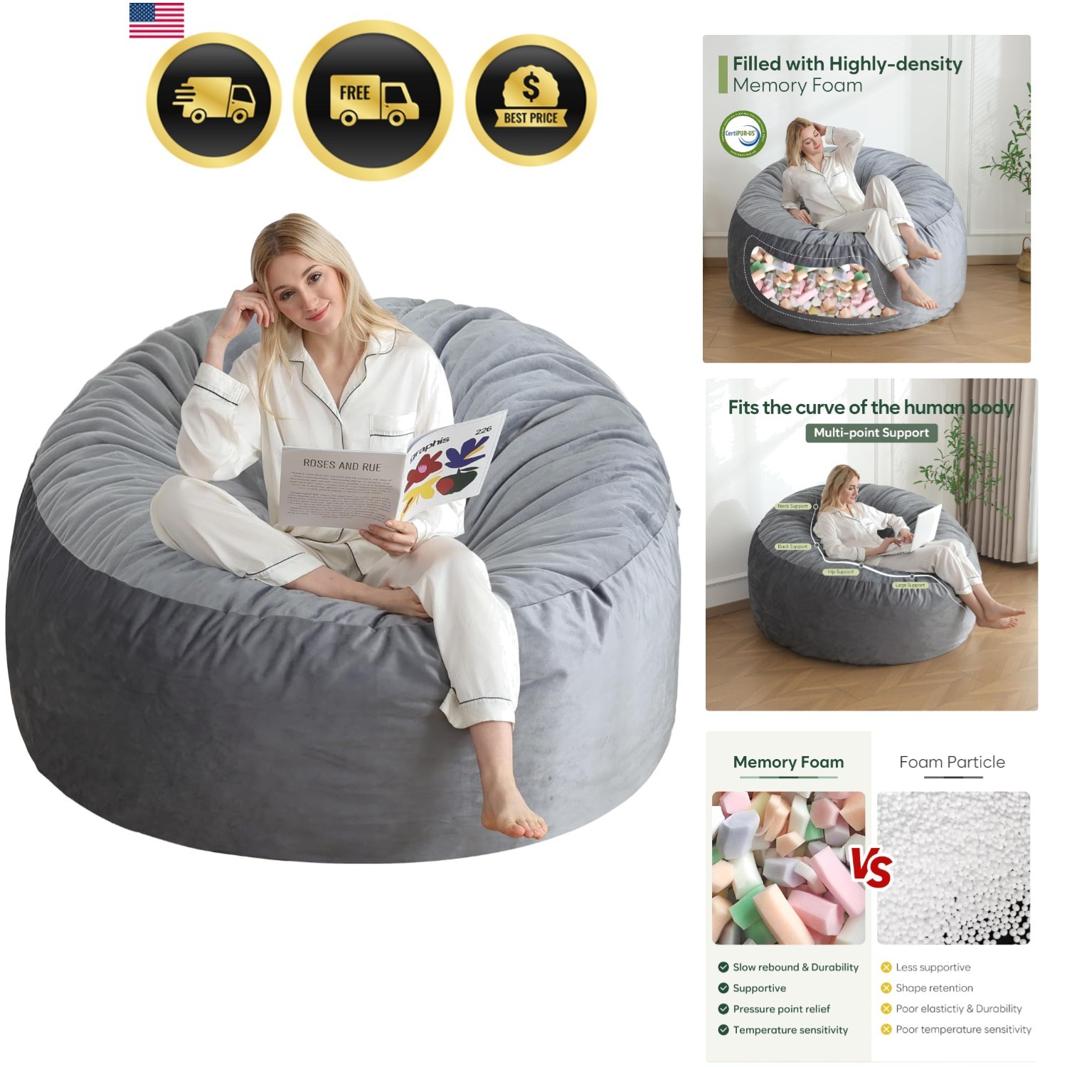 Bean Bag Chair 3 Ft Memory Foam Soft Velvet Sitting Lounging Filler Included