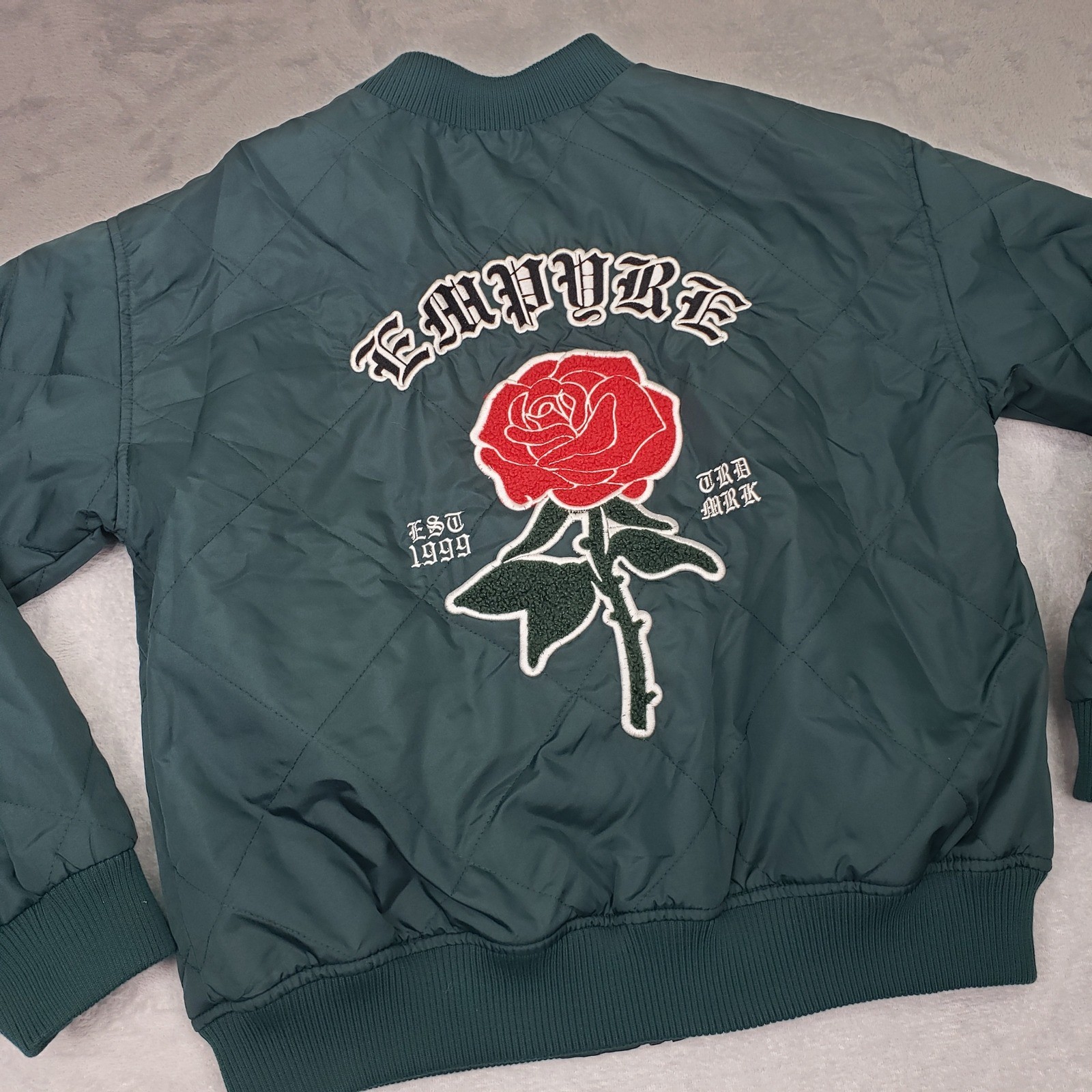 Empyre Quilted Bomber Jacket M Green Rose Embroidery Est 1999