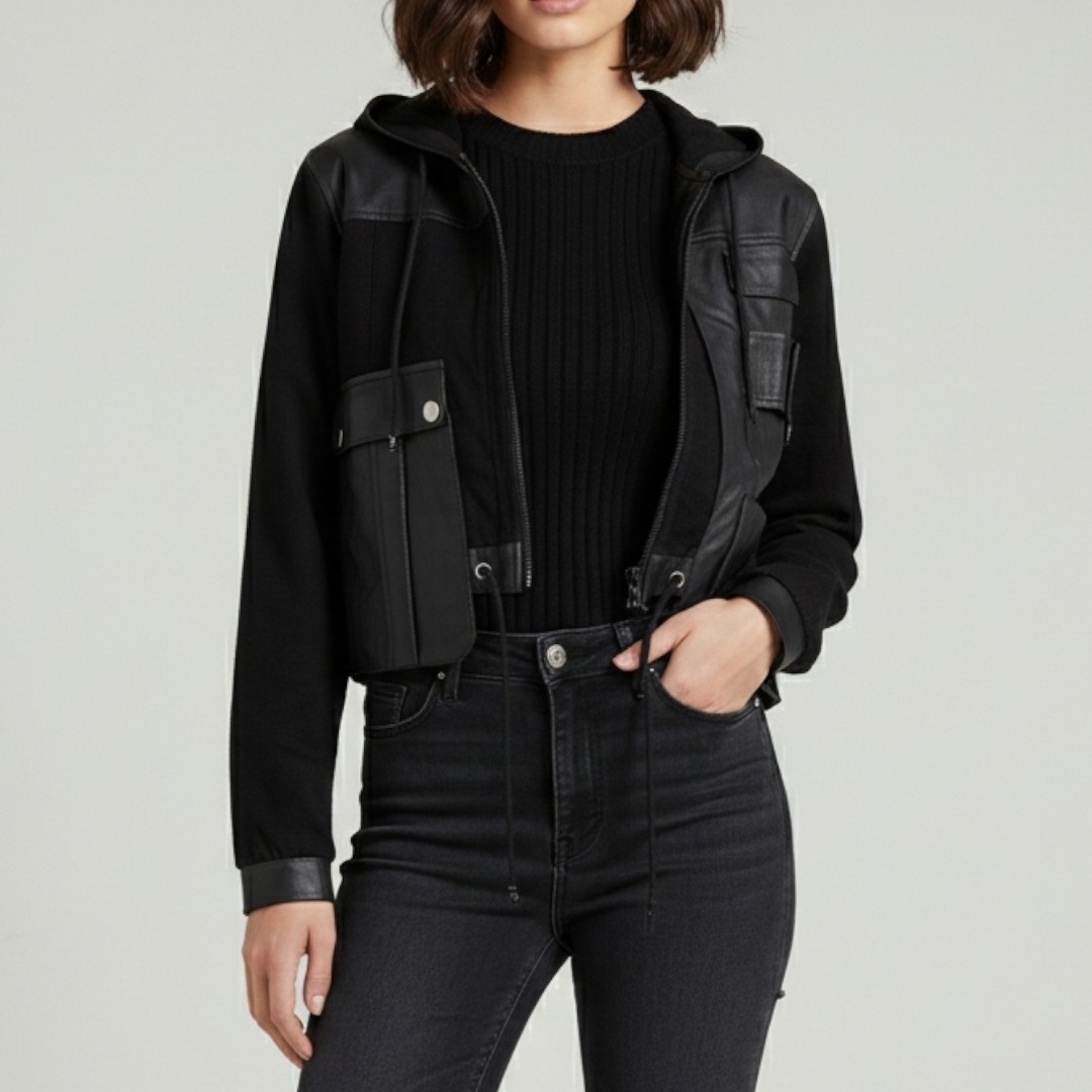 Club Exx Black Vegan Leather Utility Techwear Hooded Cropped Jacket S