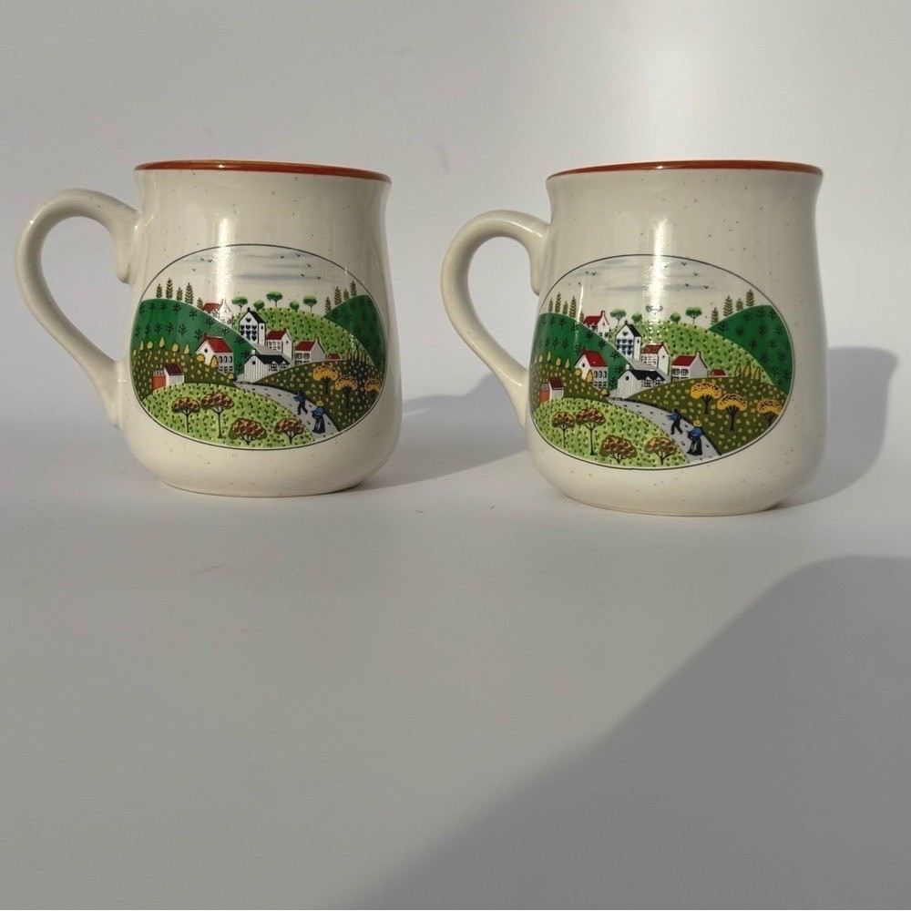 Country Village Mugs (2) 80s VTG Countryside White Green Cottagecore Cozy Home