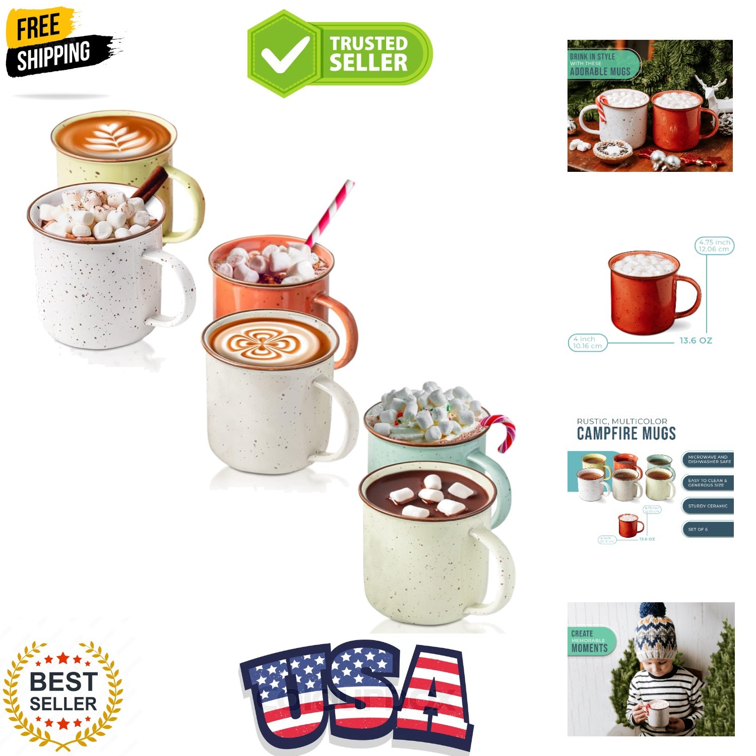 Speckled Campfire Style Mugs - Set of 6-14 oz - Cozy Colors - Coffee Cups - C...