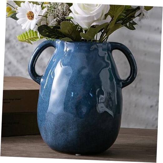 with 2 Handles, Modern Farmhouse Vases for Home Decor, Rustic Blue Ceramic Vase