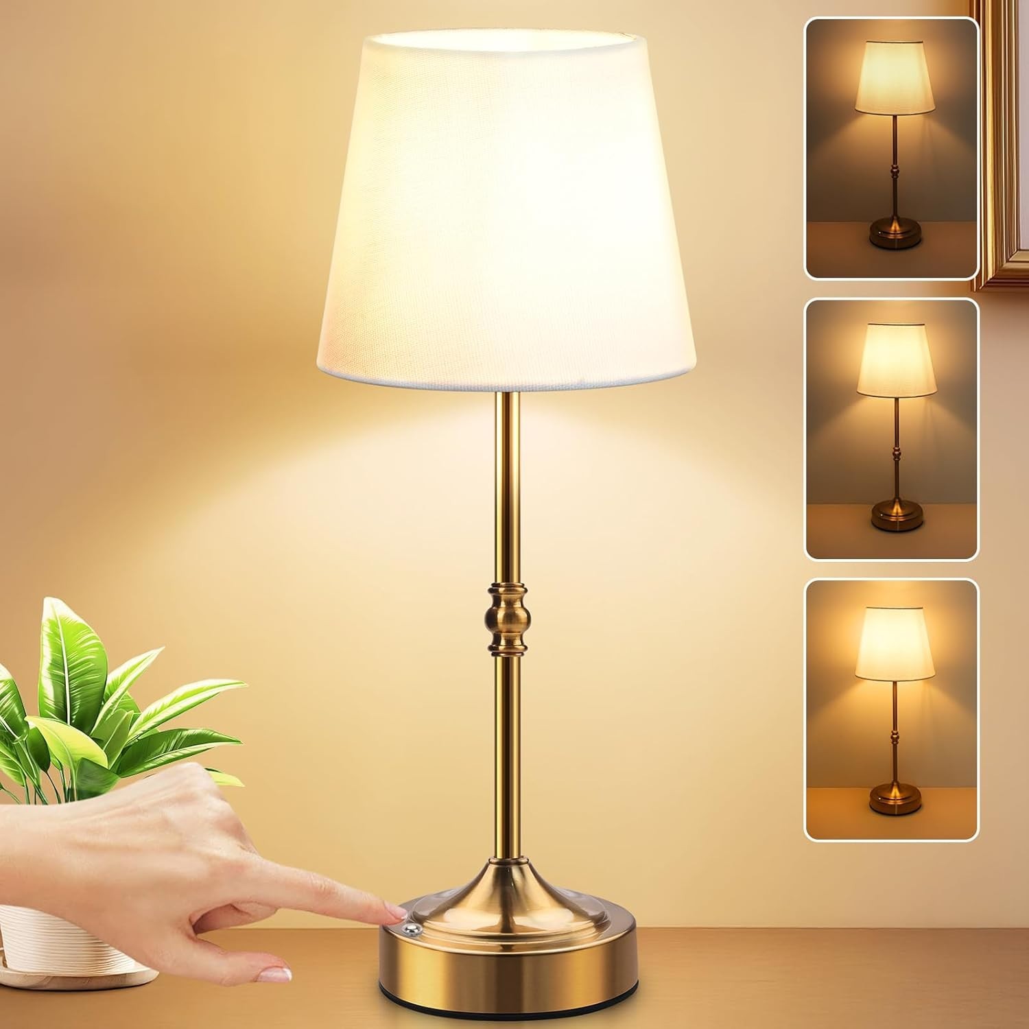Luxury Battery Operated Night Table Lamp 3-Level Dimmable Touch Cordless -Gold