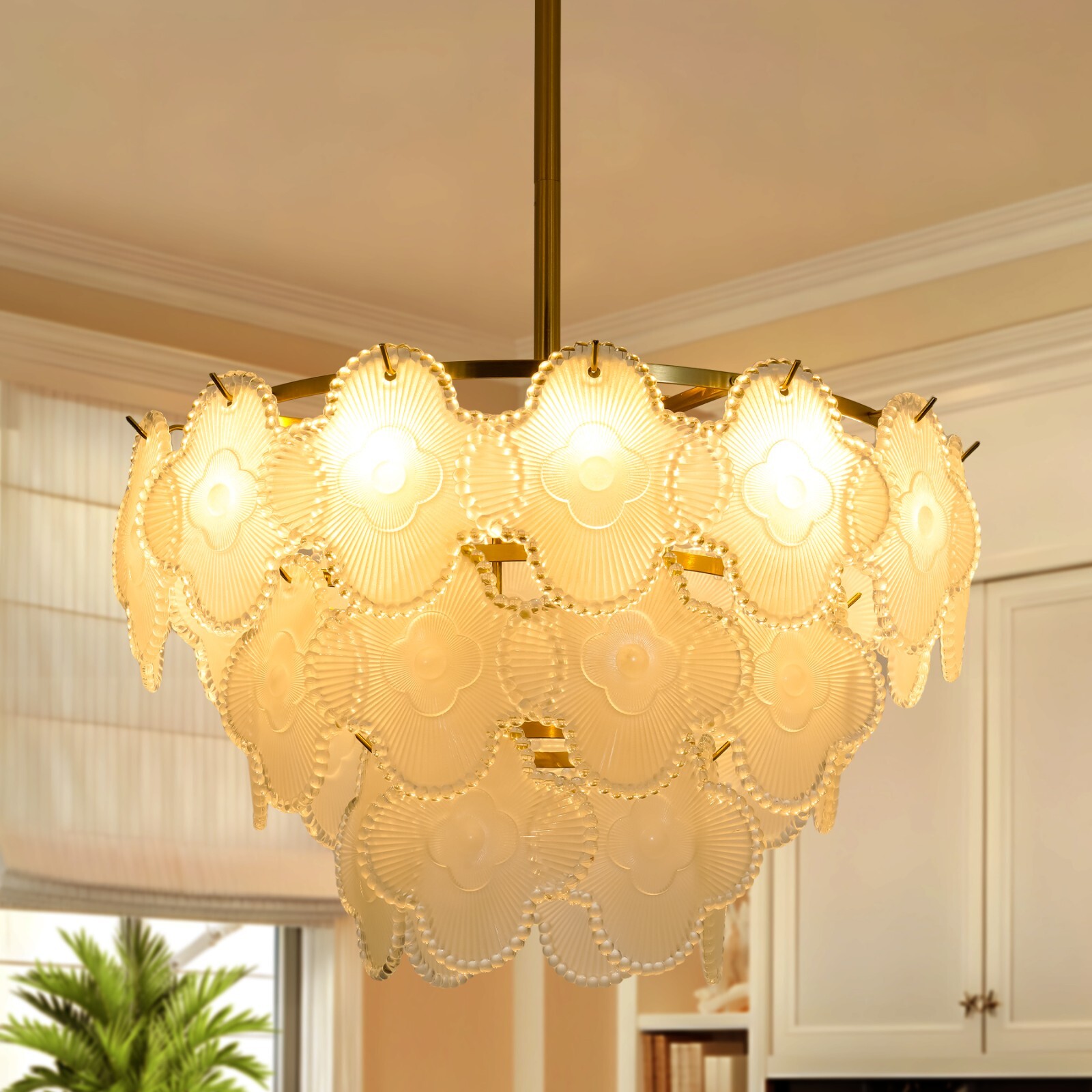 24" Gold Luxury Pendant Lamp 3-Layers Glass Chandelier 8-Light Ceiling Fixtures