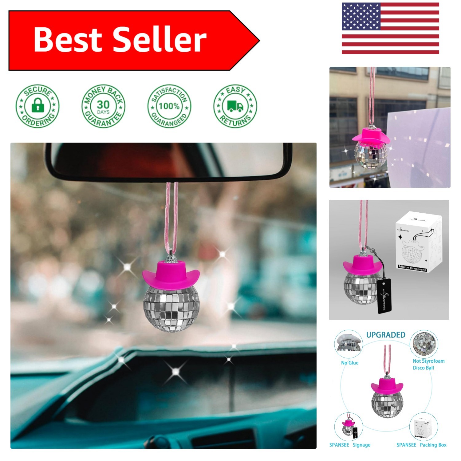 Retro Pink Disco Ball Car Pendant with Cowboy Hat – Fun Accessory for Adults