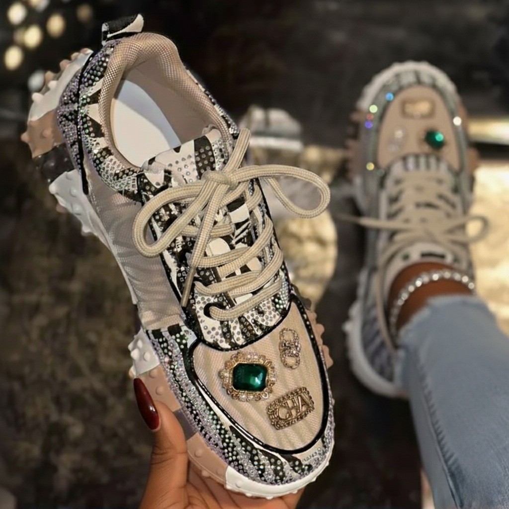 Designer Statement Sneakers Size 8 Animal Print,Gem Embellished, Avant-Garde Lux