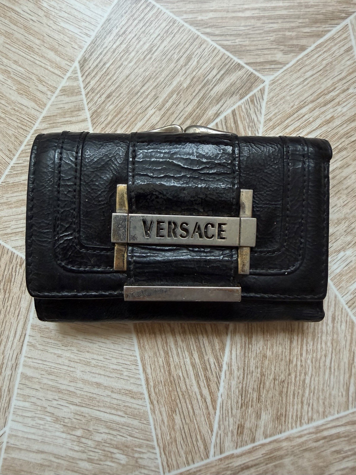 Italy Designer Versace Vintage Black Leather Wallet Medusa Logo Coin Purse Italy