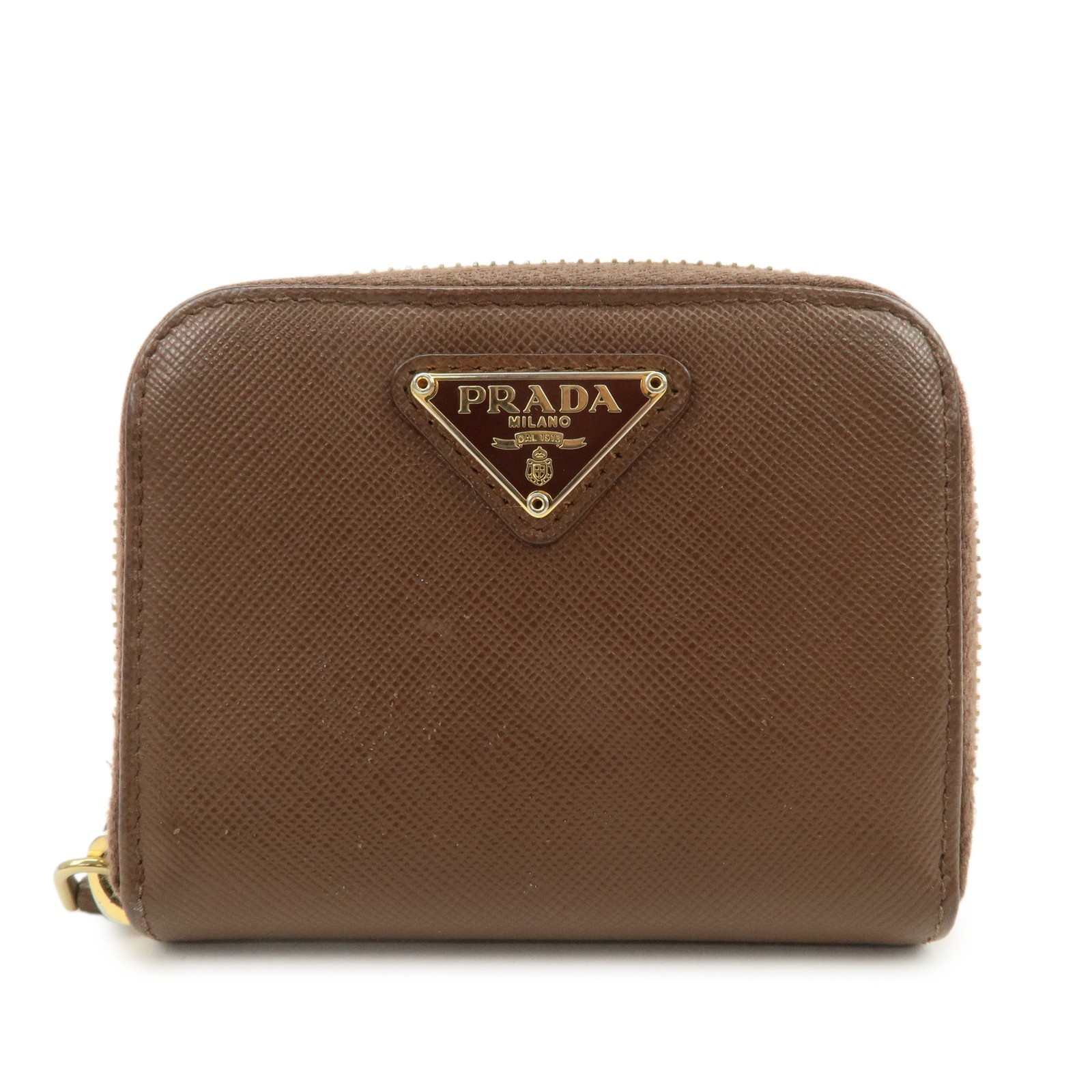 PRADA Triangle Logo Saffiano Leather Coin Case Coin Purse Brown Auth Used F/S