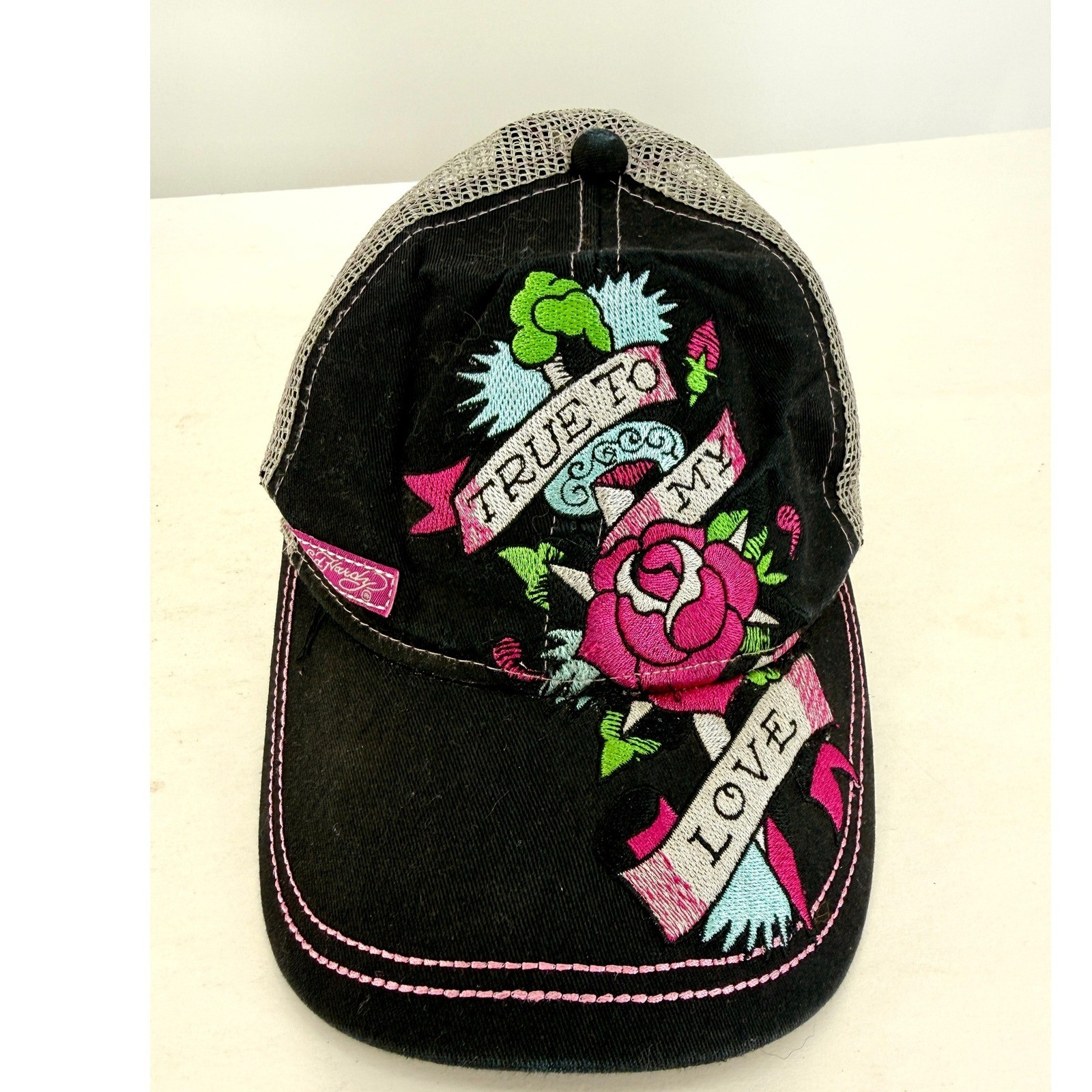 Ed Hardy True To My Love Rose Trucker Hat Y2K Tattoo Streetwear Snapback