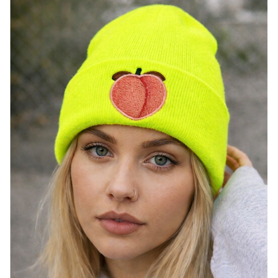 Brittany Allen Neon Peach Beanie Y2K Streetwear Embroidered Fruit Knit Hat