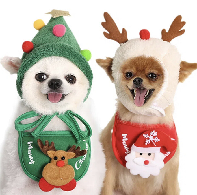 Pet Puppy Christmas Costume Small Dog Cat Reindeer Tree Hat Bib Xmas Clothes